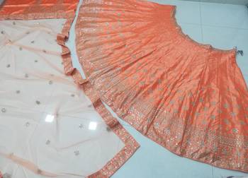 Orange Sequins and Zari Embroidered Devsena Silk Party wear Lehenga Choli 17
