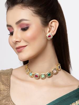 Sasha gold-plated multicolored  kundan meenakari choker jewellery set 1