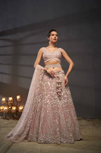 Pink Net Multi Sequins with heavy Zarkan embroidery Semi-Stitched Lehenga choli & Dupatta