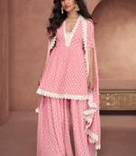 Light pink real georgette printed work with mirror & lace border salwar kameez (free size stitch)