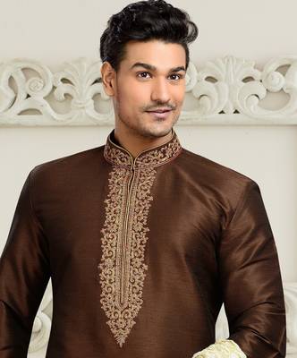 mens brown art silk kurta pyjama 2
