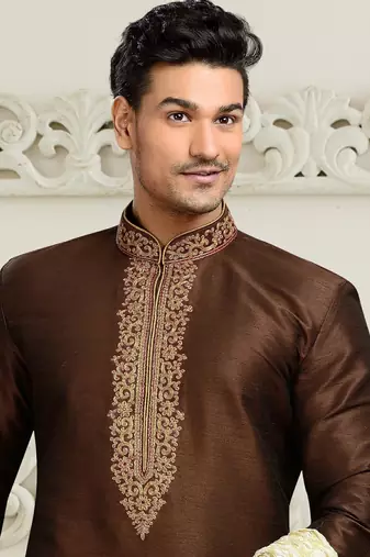 mens brown art silk kurta pyjama