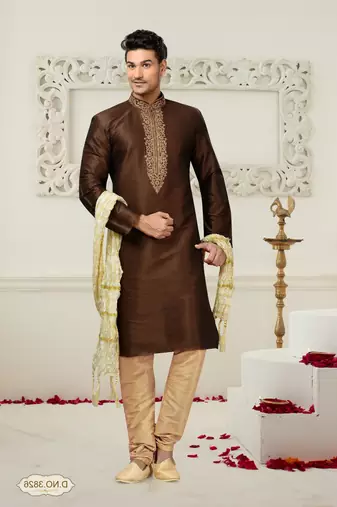 mens brown art silk kurta pyjama