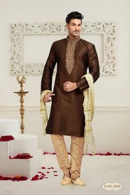 mens brown art silk kurta pyjama 1