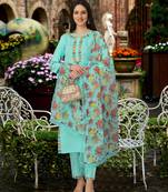 Trendmalls Turquoise Cotton Silk Embroidered Party Wear Kurta Pant with Dupatta Salwar Suit Set