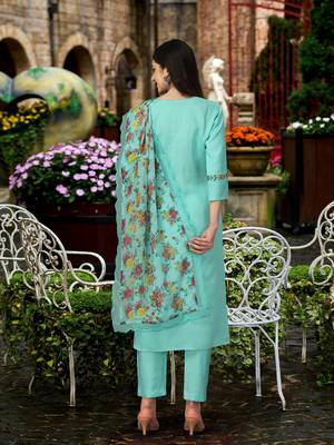 Trendmalls Turquoise Cotton Silk Embroidered Party Wear Kurta Pant with Dupatta Salwar Suit Set 2