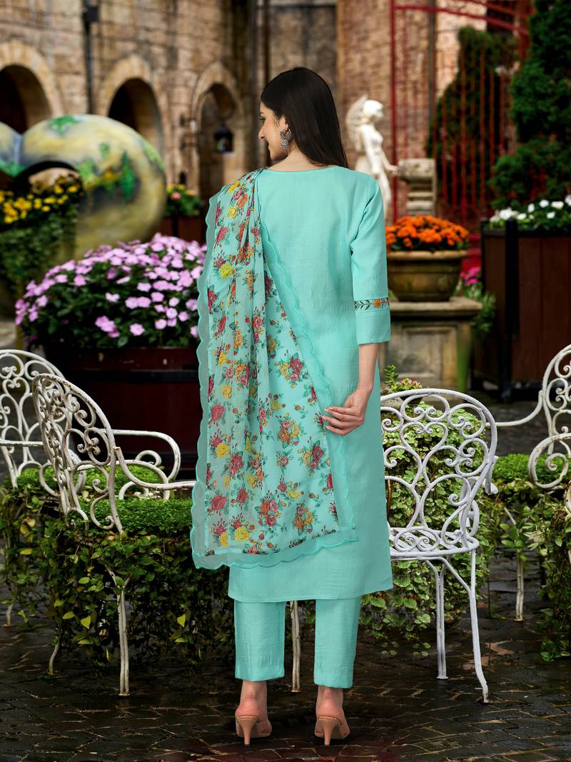Trendmalls Turquoise Cotton Silk Embroidered Party Wear Kurta Pant with Dupatta Salwar Suit Set