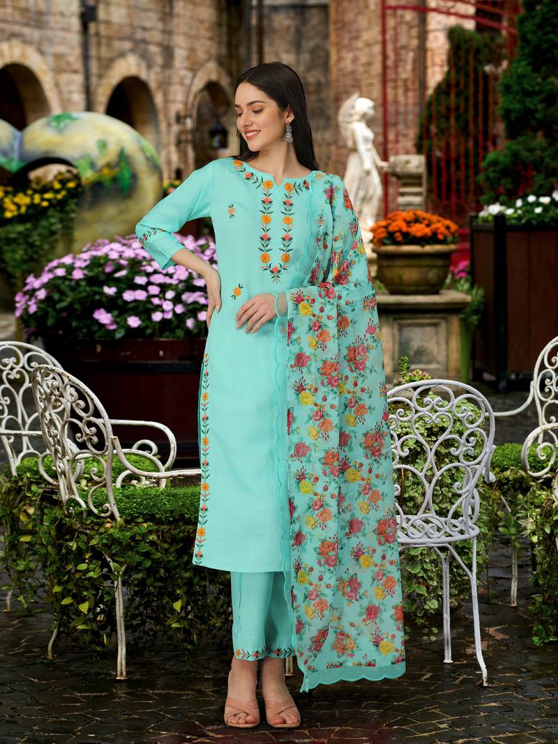 Trendmalls Turquoise Cotton Silk Embroidered Party Wear Kurta Pant with Dupatta Salwar Suit Set
