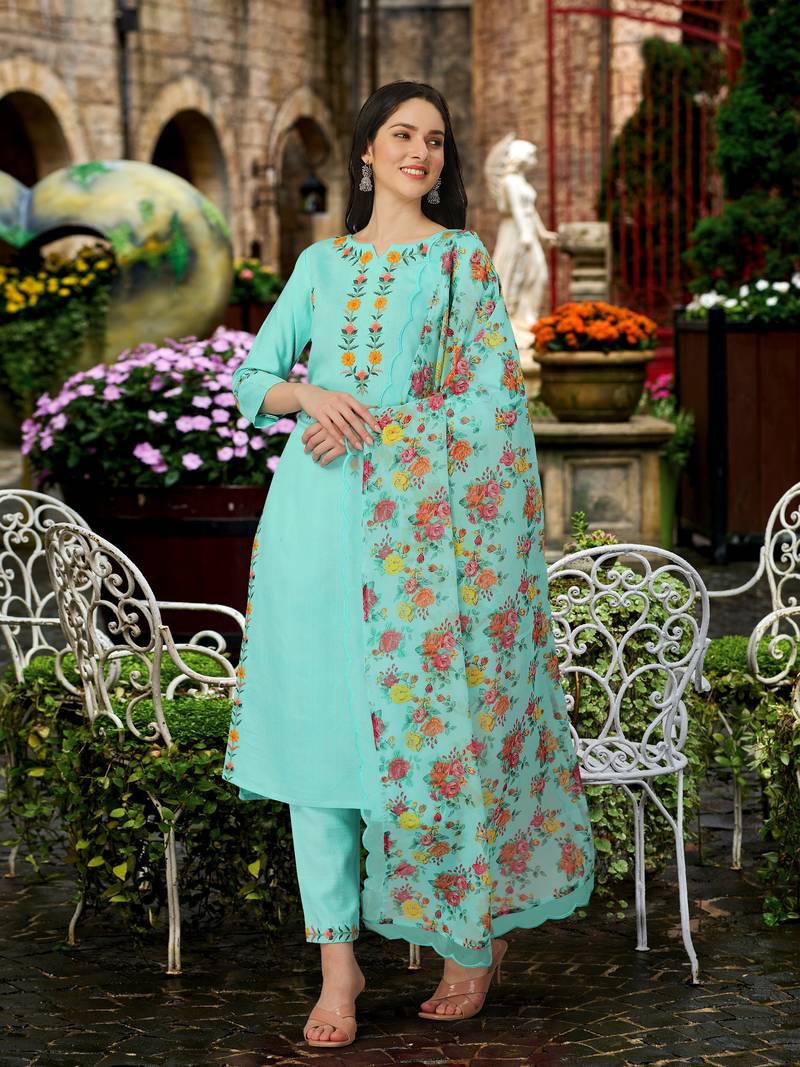 Trendmalls Turquoise Cotton Silk Embroidered Party Wear Kurta Pant with Dupatta Salwar Suit Set