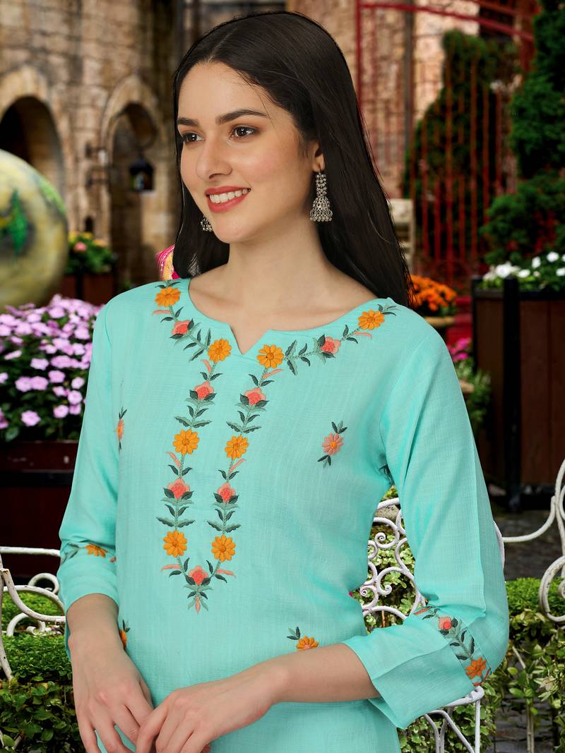 Trendmalls Turquoise Cotton Silk Embroidered Party Wear Kurta Pant with Dupatta Salwar Suit Set