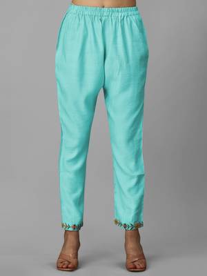 Trendmalls Turquoise Cotton Silk Embroidered Party Wear Kurta Pant with Dupatta Salwar Suit Set 6