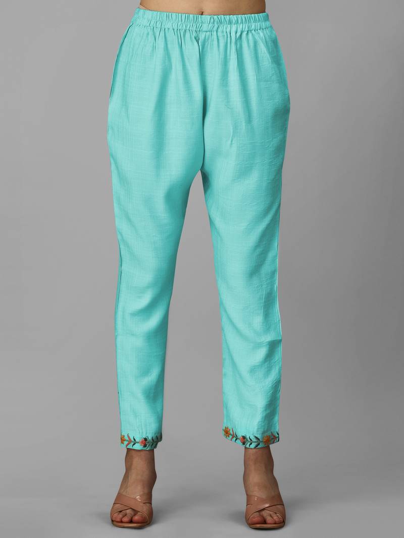 Trendmalls Turquoise Cotton Silk Embroidered Party Wear Kurta Pant with Dupatta Salwar Suit Set