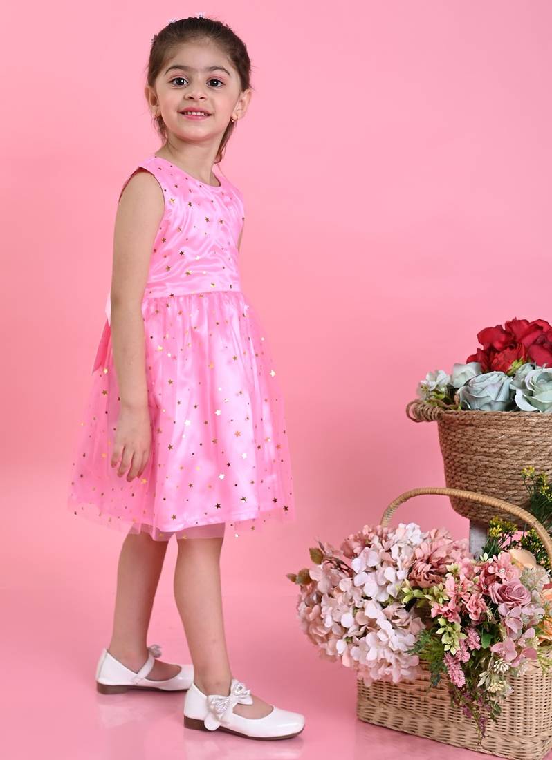 Saka Designs Girls Star Printed Party Frock - Pink