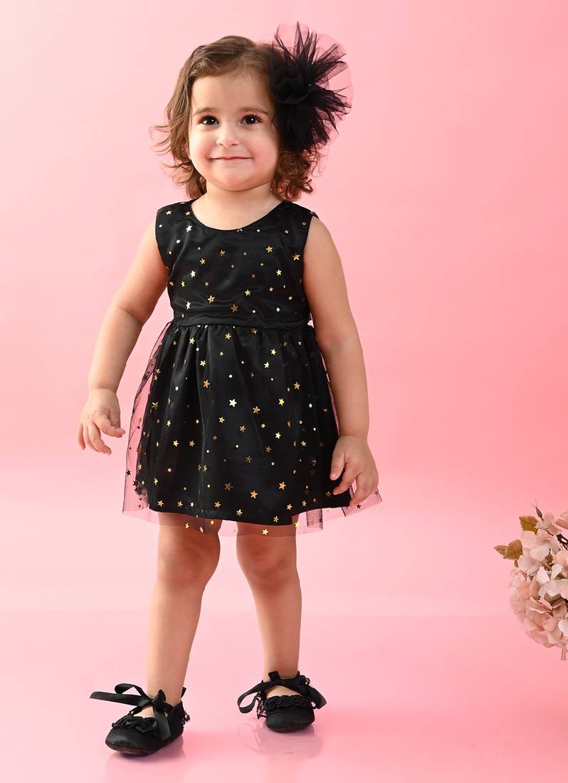 Saka Designs Girls Star Printed Party Frock - Black