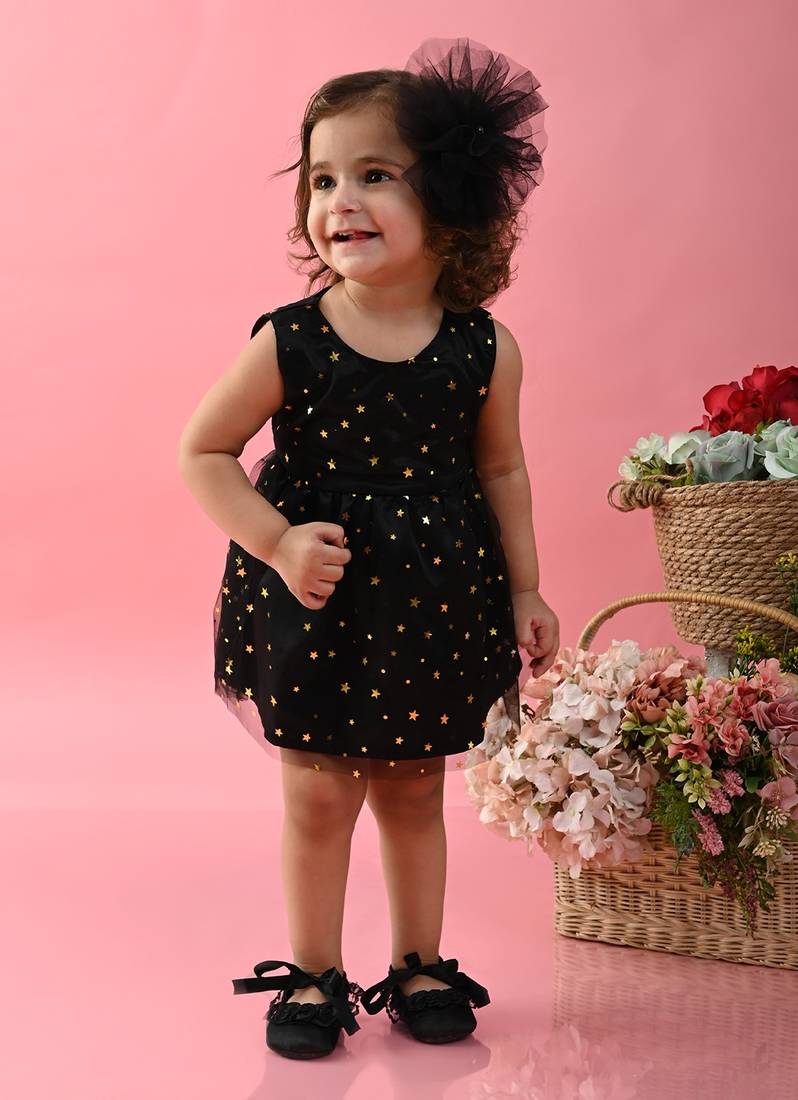 Saka Designs Girls Star Printed Party Frock - Black
