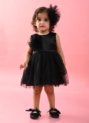 Saka Designs Girls Shimmer Printed Party Frock - Black 1