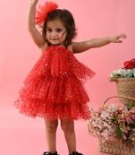 Saka Designs Girls Printed Party Frock With Layered - Red