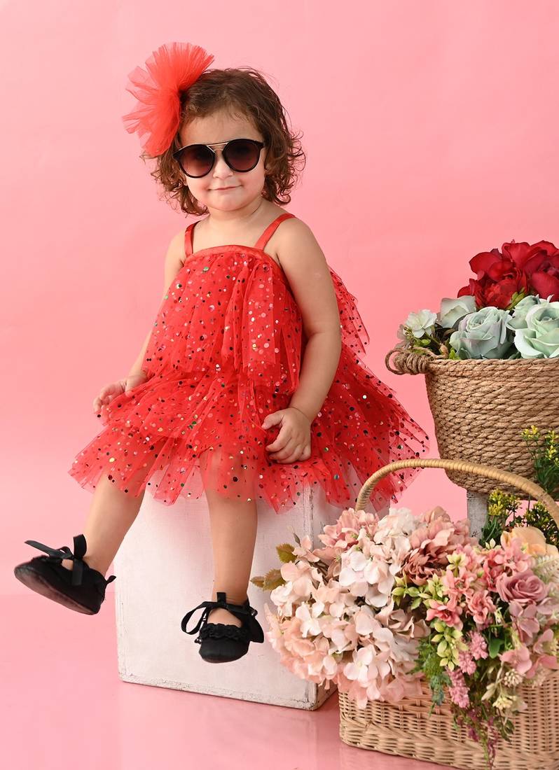 Saka Designs Girls Printed Party Frock With Layered - Red