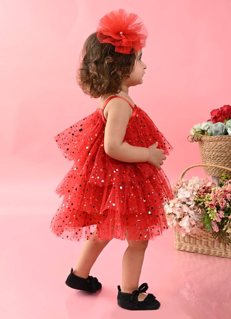 Saka Designs Girls Printed Party Frock With Layered - Red