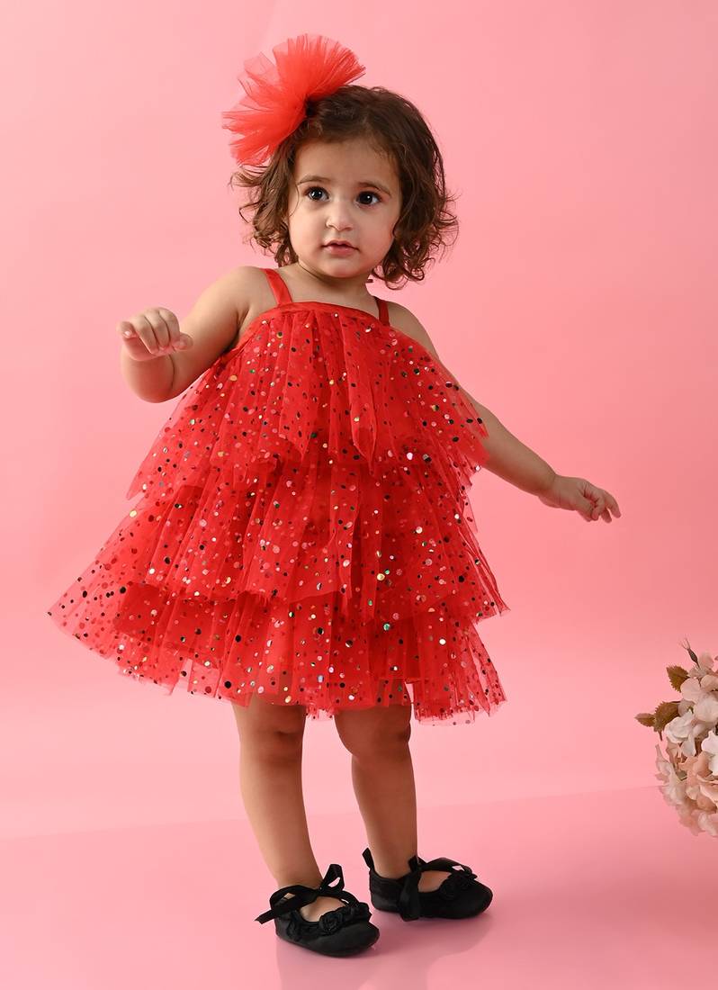 Saka Designs Girls Printed Party Frock With Layered - Red