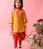 Saka Designs Girls Mustard & Red Printed Kurta Dhoti With Dupatta