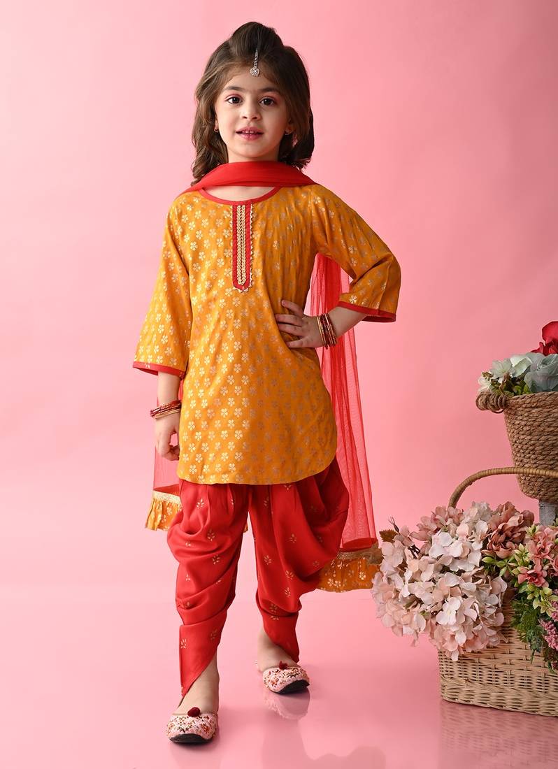 Saka Designs Girls Mustard & Red Printed Kurta Dhoti With Dupatta