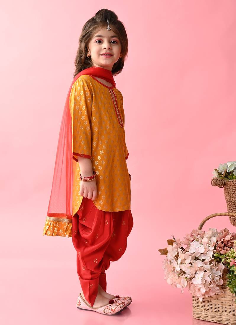 Saka Designs Girls Mustard & Red Printed Kurta Dhoti With Dupatta