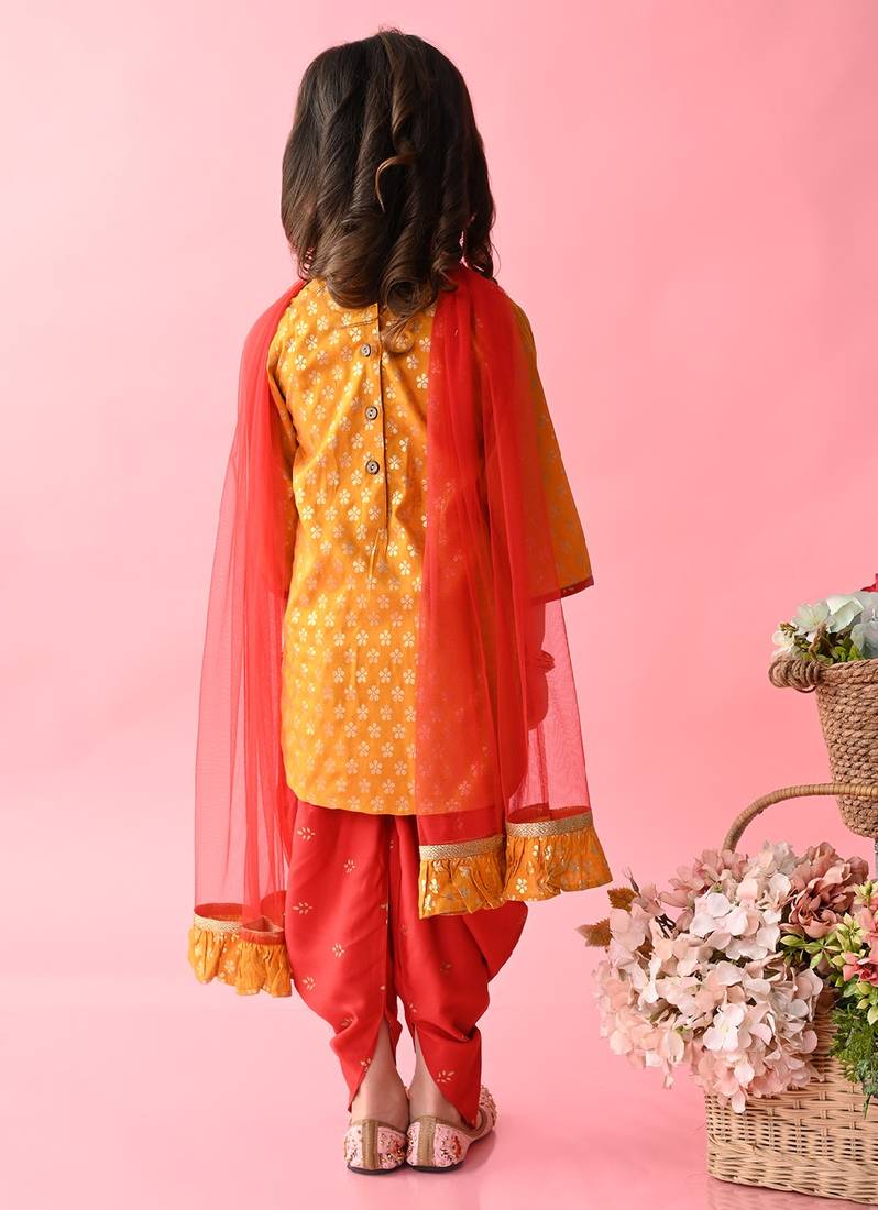 Saka Designs Girls Mustard & Red Printed Kurta Dhoti With Dupatta