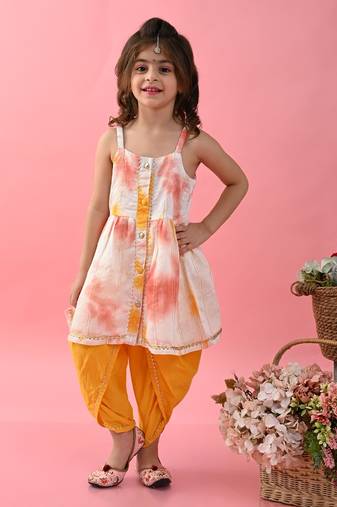 Saka Designs Girls Tie & Dye Jhabla And Dhoti - Yellow & White