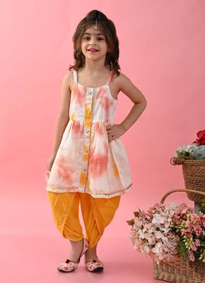 Saka Designs Girls Tie & Dye Jhabla And Dhoti - Yellow & White 1