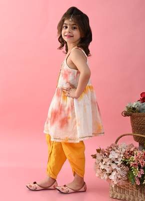 Saka Designs Girls Tie & Dye Jhabla And Dhoti - Yellow & White 2