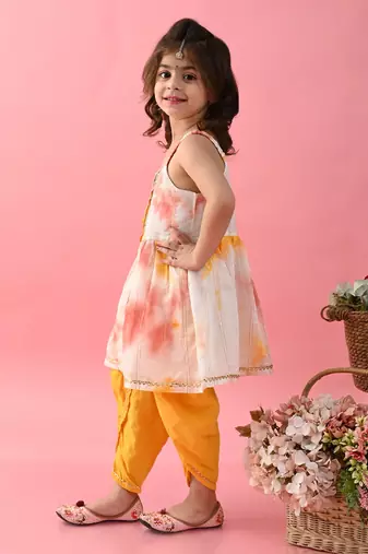 Saka Designs Girls Tie & Dye Jhabla And Dhoti - Yellow & White