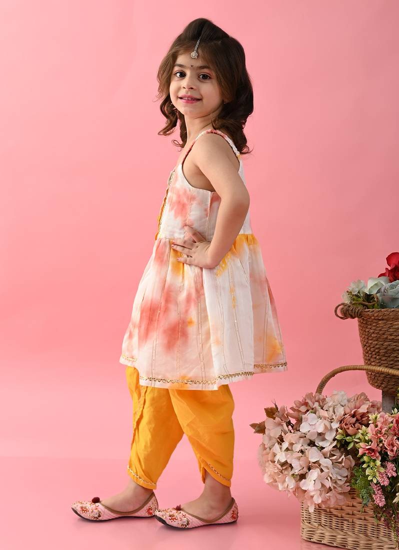 Saka Designs Girls Tie & Dye Jhabla And Dhoti - Yellow & White