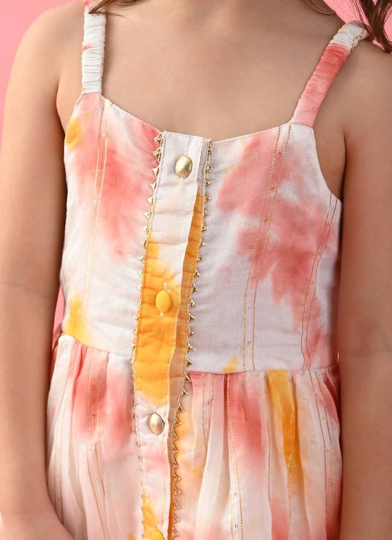Saka Designs Girls Tie & Dye Jhabla And Dhoti - Yellow & White