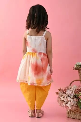 Saka Designs Girls Tie & Dye Jhabla And Dhoti - Yellow & White
