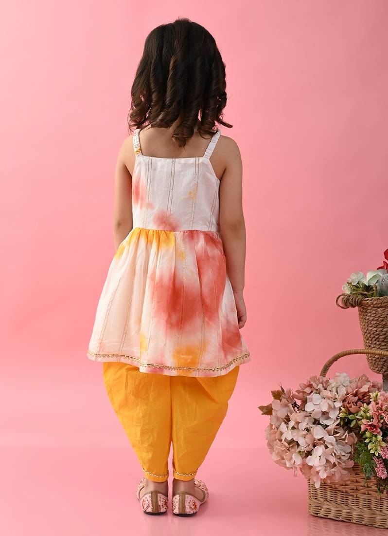 Saka Designs Girls Tie & Dye Jhabla And Dhoti - Yellow & White