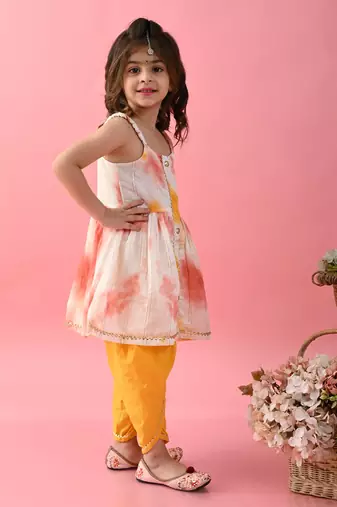 Saka Designs Girls Tie & Dye Jhabla And Dhoti - Yellow & White