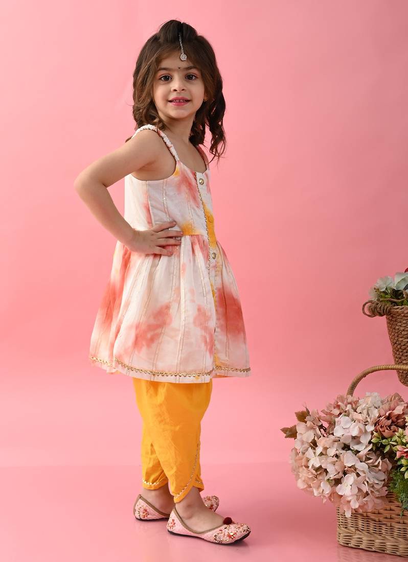 Saka Designs Girls Tie & Dye Jhabla And Dhoti - Yellow & White