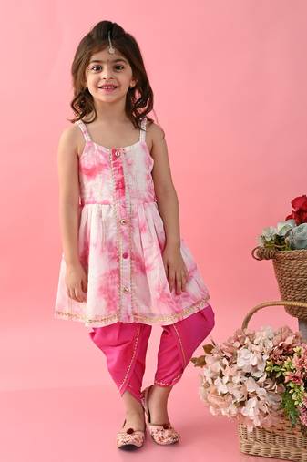 Saka Designs Girls Tie & Dye Jhabla And Dhoti - Pink & White