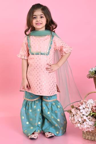 Saka Designs Girls Peach & Green Kurta & Sharara With Dupatta