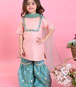 Saka Designs Girls Peach & Green Kurta & Sharara With Dupatta