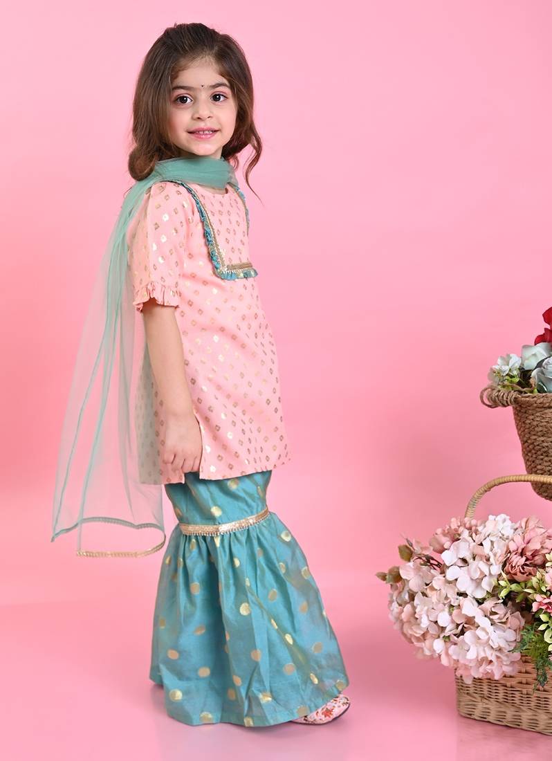 Saka Designs Girls Peach & Green Kurta & Sharara With Dupatta