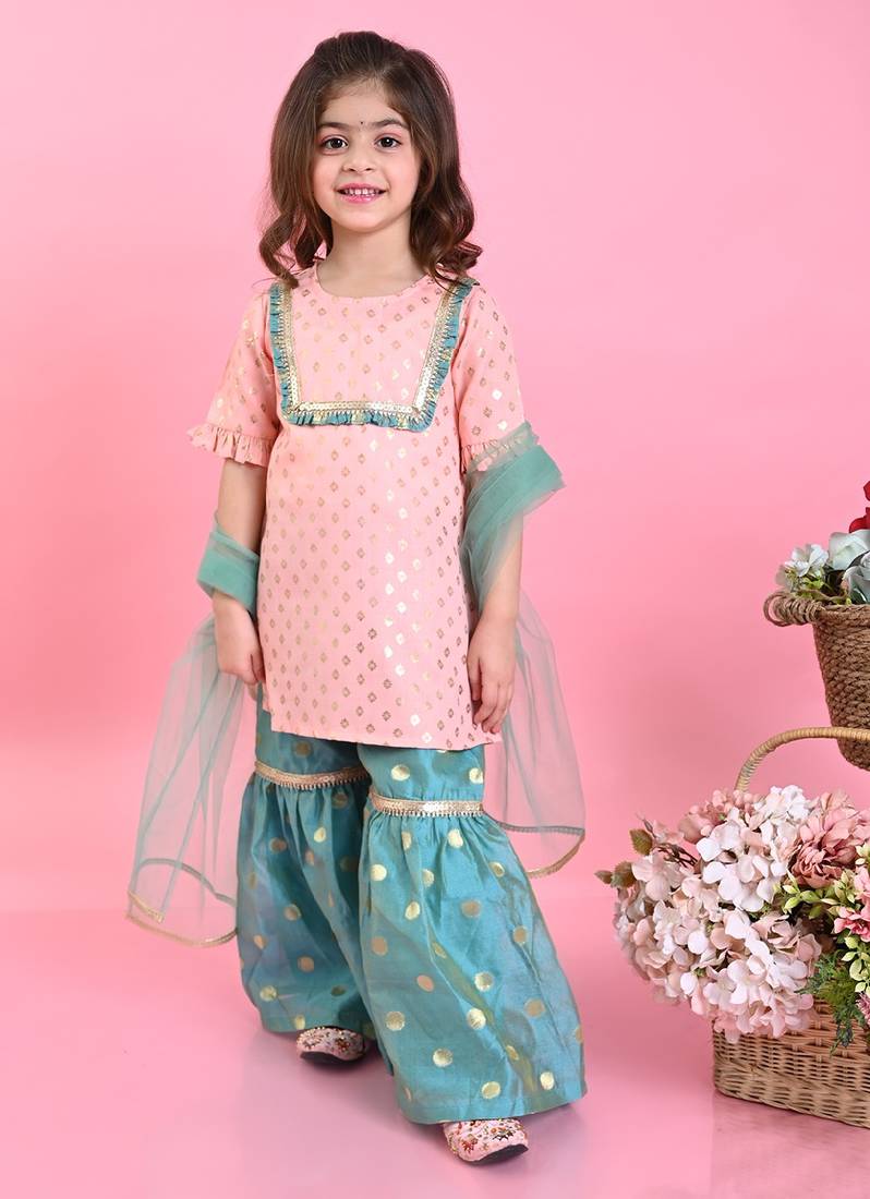 Saka Designs Girls Peach & Green Kurta & Sharara With Dupatta