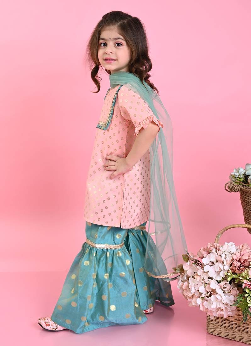 Saka Designs Girls Peach & Green Kurta & Sharara With Dupatta