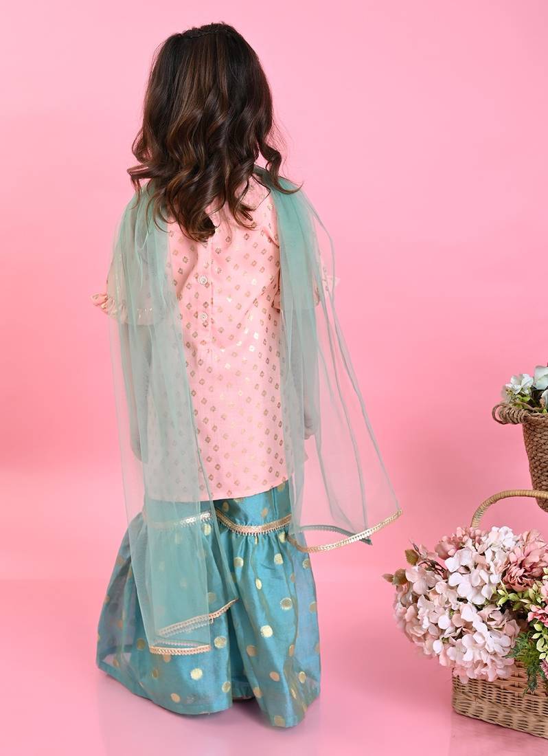 Saka Designs Girls Peach & Green Kurta & Sharara With Dupatta