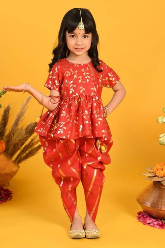 Saka Designs Girls Red & Gold Jhabla & Dhoti