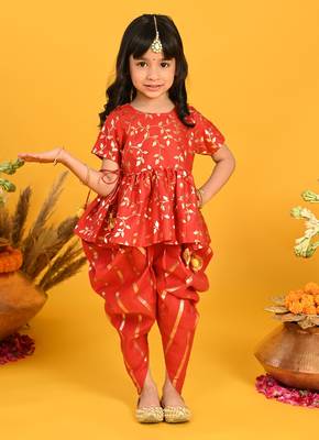Saka Designs Girls Red & Gold Jhabla & Dhoti 1