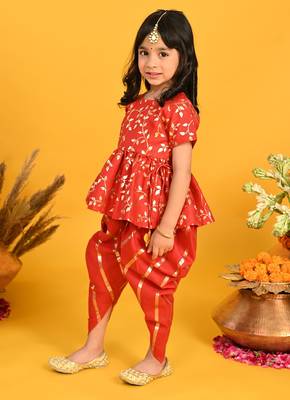 Saka Designs Girls Red & Gold Jhabla & Dhoti 2