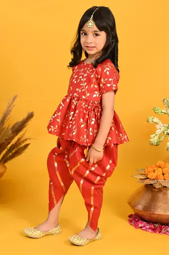 Saka Designs Girls Red & Gold Jhabla & Dhoti