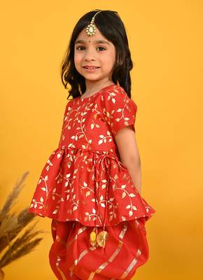 Saka Designs Girls Red & Gold Jhabla & Dhoti 3